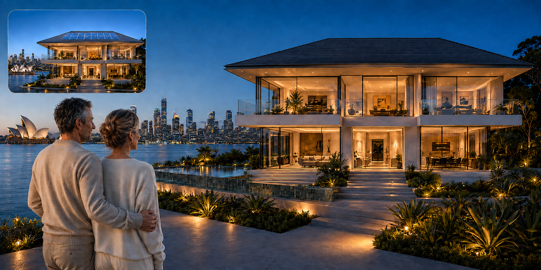 Luxury waterfront home at dusk with Sydney skyline — SolarCloud Platinum private energy ownership