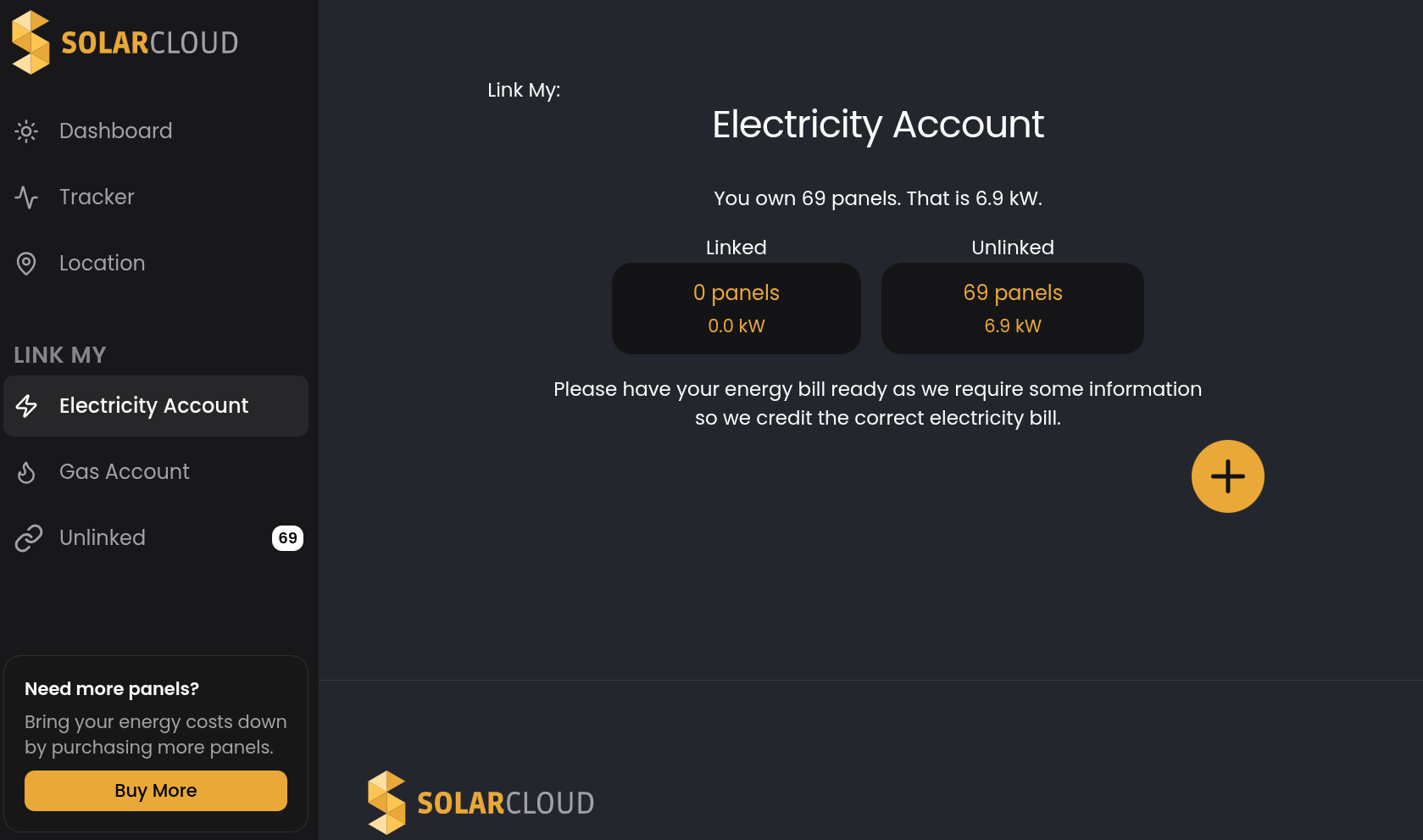 SolarCloud dashboard showing Link My Electricity Account screen with plus button