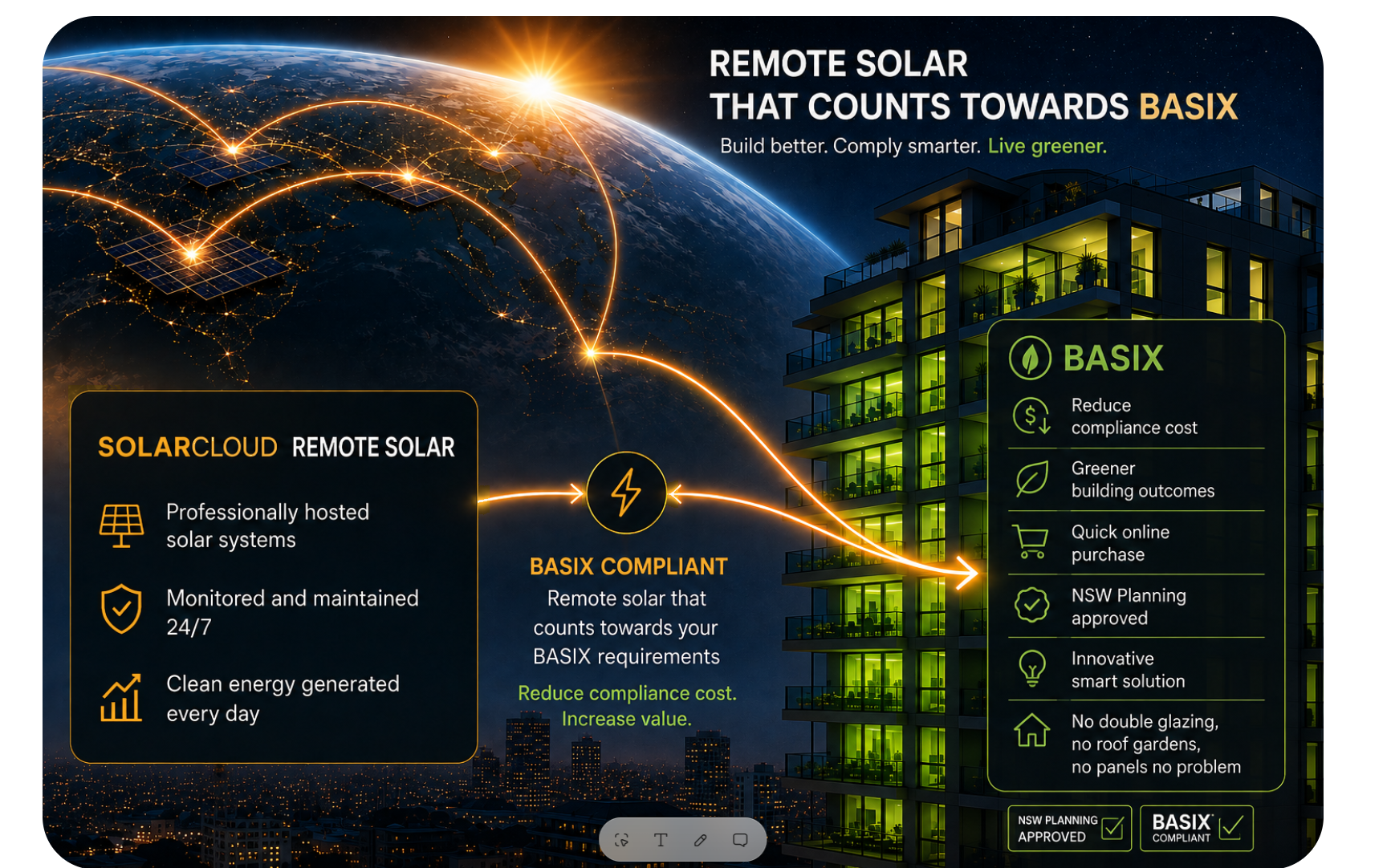 Remote solar that counts towards BASIX: SolarCloud remote solar for apartments and apartment developments, reducing compliance cost and supporting greener building outcomes.