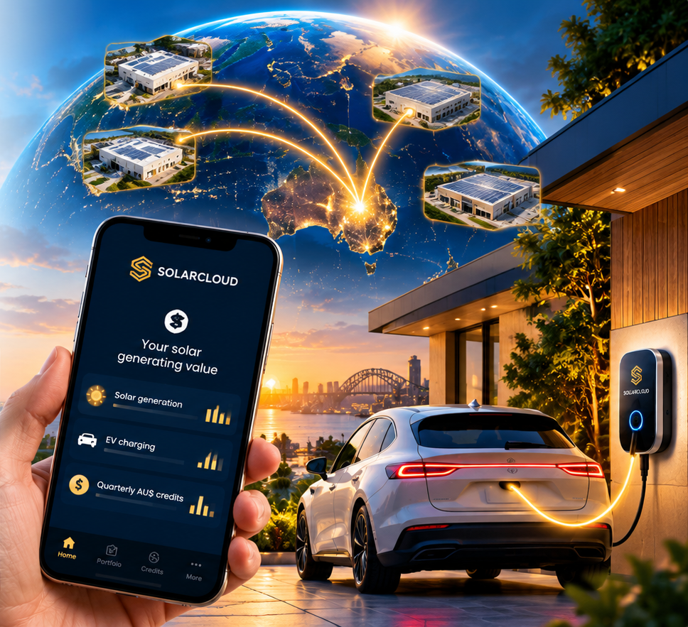 SolarCloud app on a phone showing solar generation, EV charging and quarterly AU$ credits, with remote solar farms, a home and an electric car charging on a driveway at sunset.
