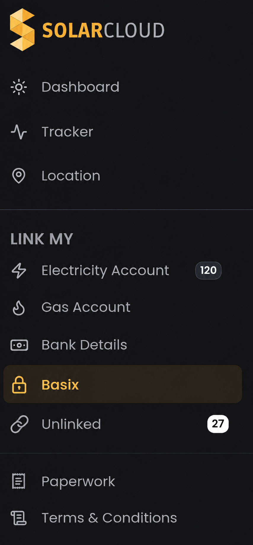 SolarCloud dashboard showing the BASIX allocation locked to a property.