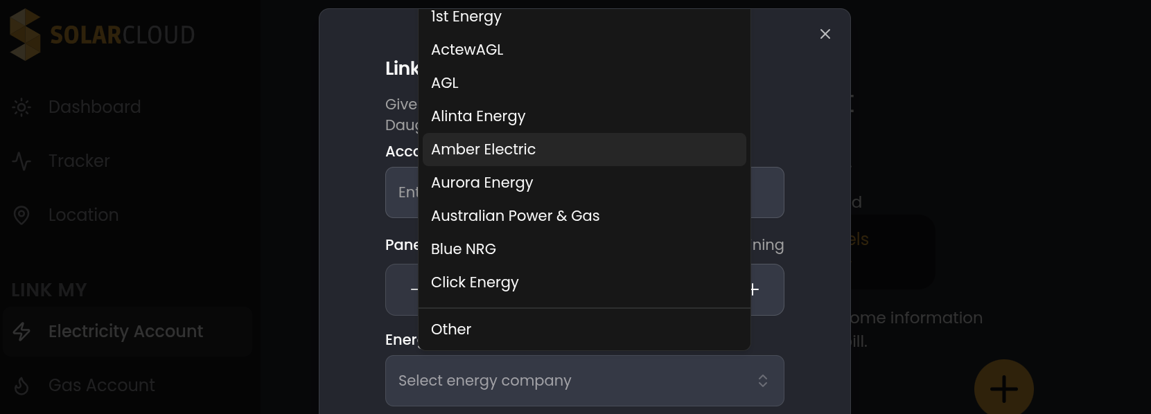 Energy company dropdown listing Australian providers