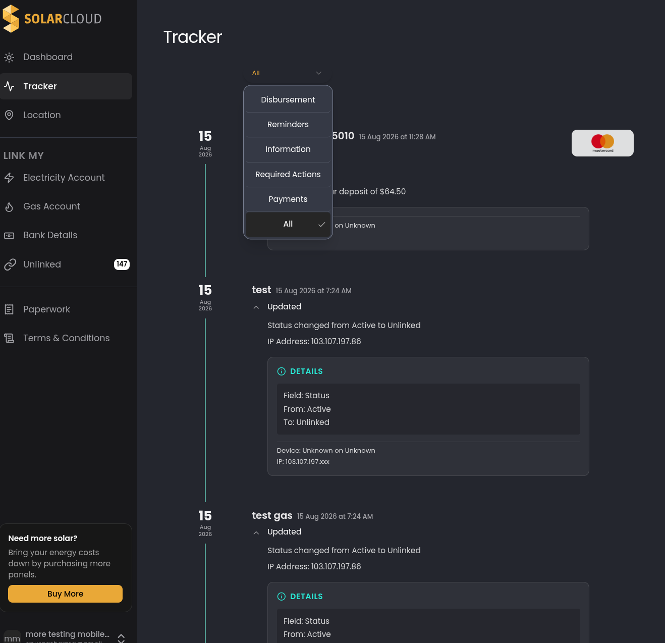 SolarCloud tracker screen showing all transaction details and activity history