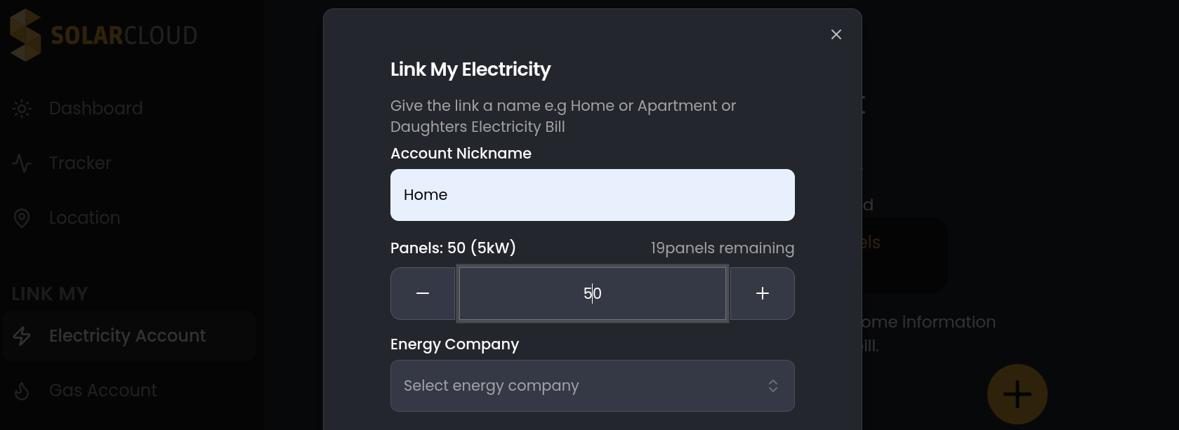 Link My Electricity dialog with account nickname and panels input