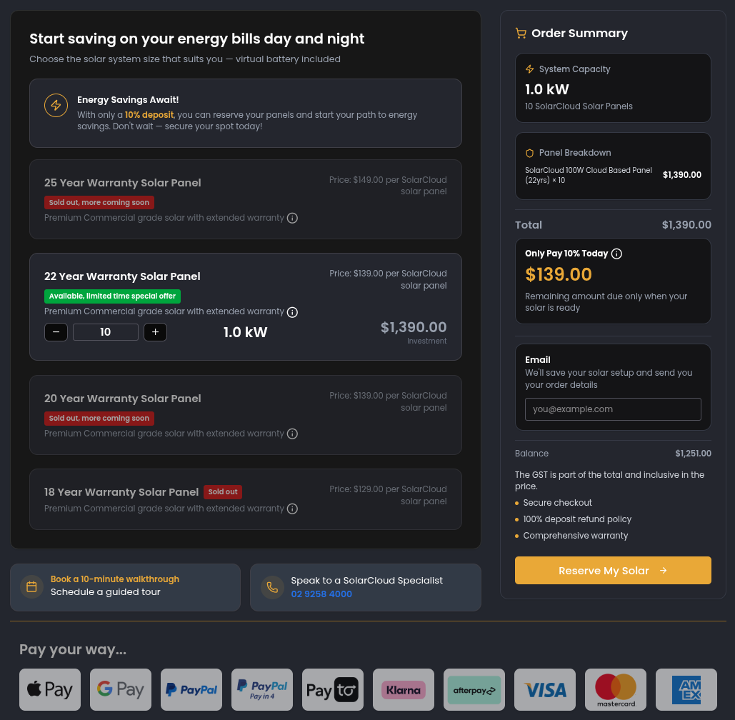 SolarCloud dashboard showing the solar panel selector and order summary