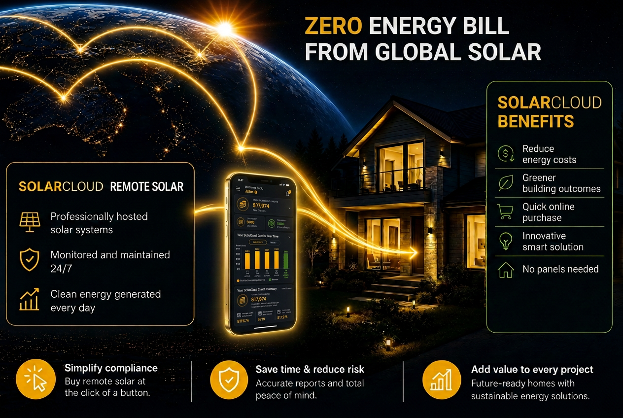 Zero energy bill from global solar — SolarCloud remote solar linking global solar farms to your home via the SolarCloud app.