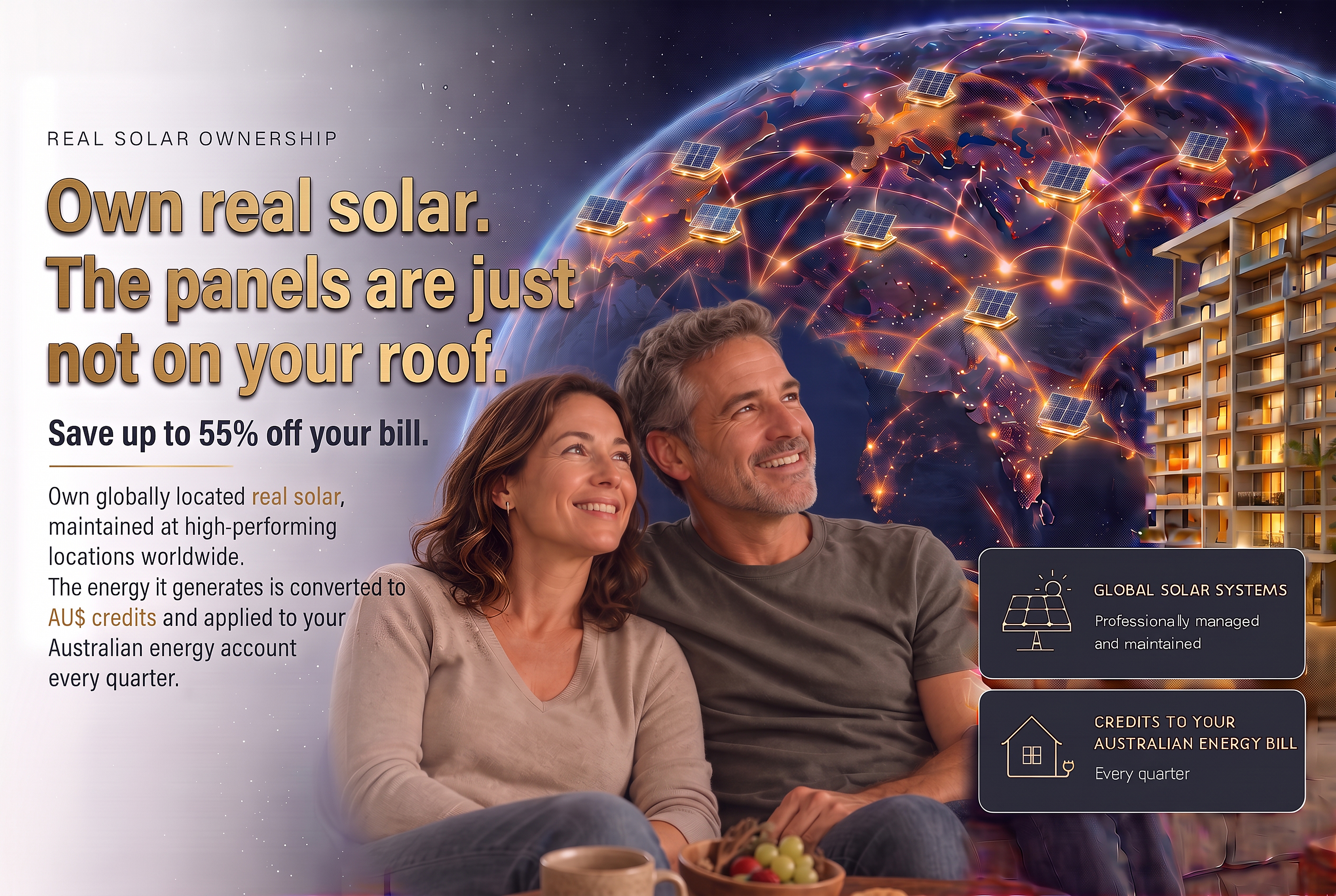 A couple on a sofa at sunset with a city skyline, solar panels and a glowing globe showing networked solar energy