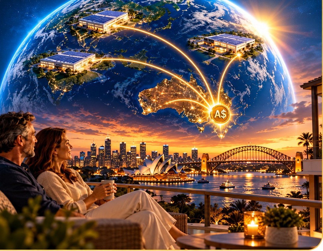 A couple relaxing on a balcony overlooking Sydney at sunset, with SolarCloud solar hosted around the globe beaming value back to Australia