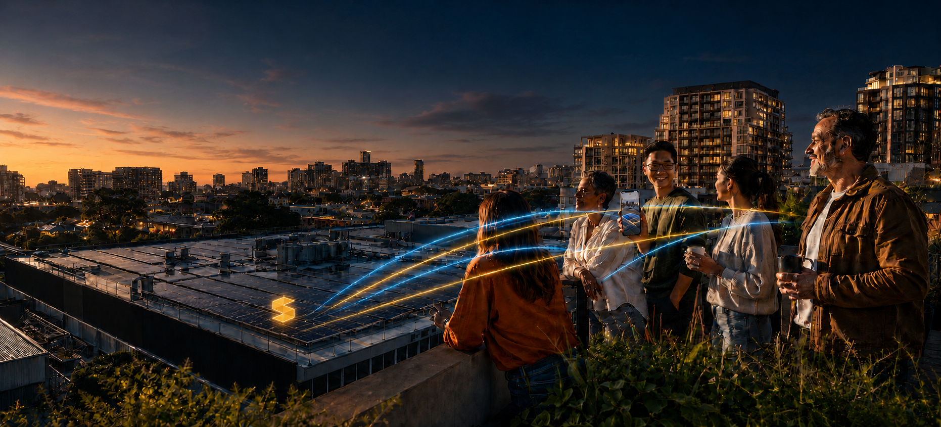 People connected by SolarCloud solar credits at sunset