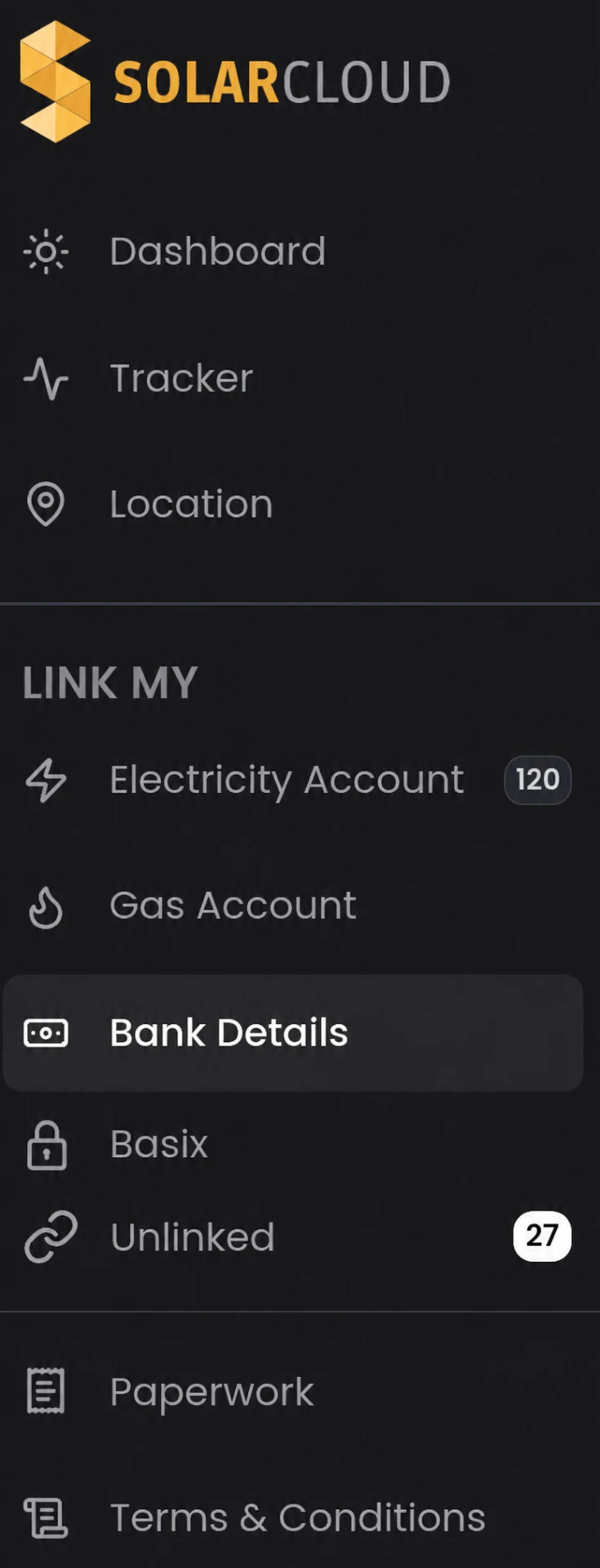 SolarCloud app Bank Details screen showing where to nominate your account for SolarCloud credit payments.