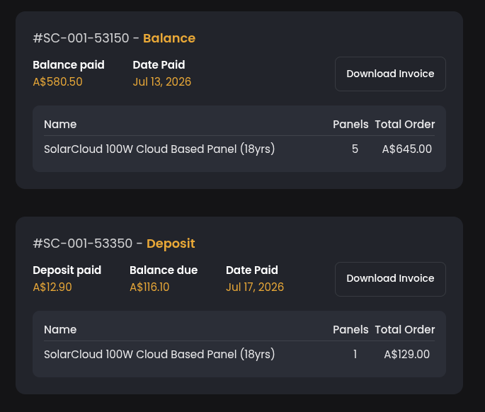 SolarCloud paperwork and invoices screen showing balance and deposit downloads
