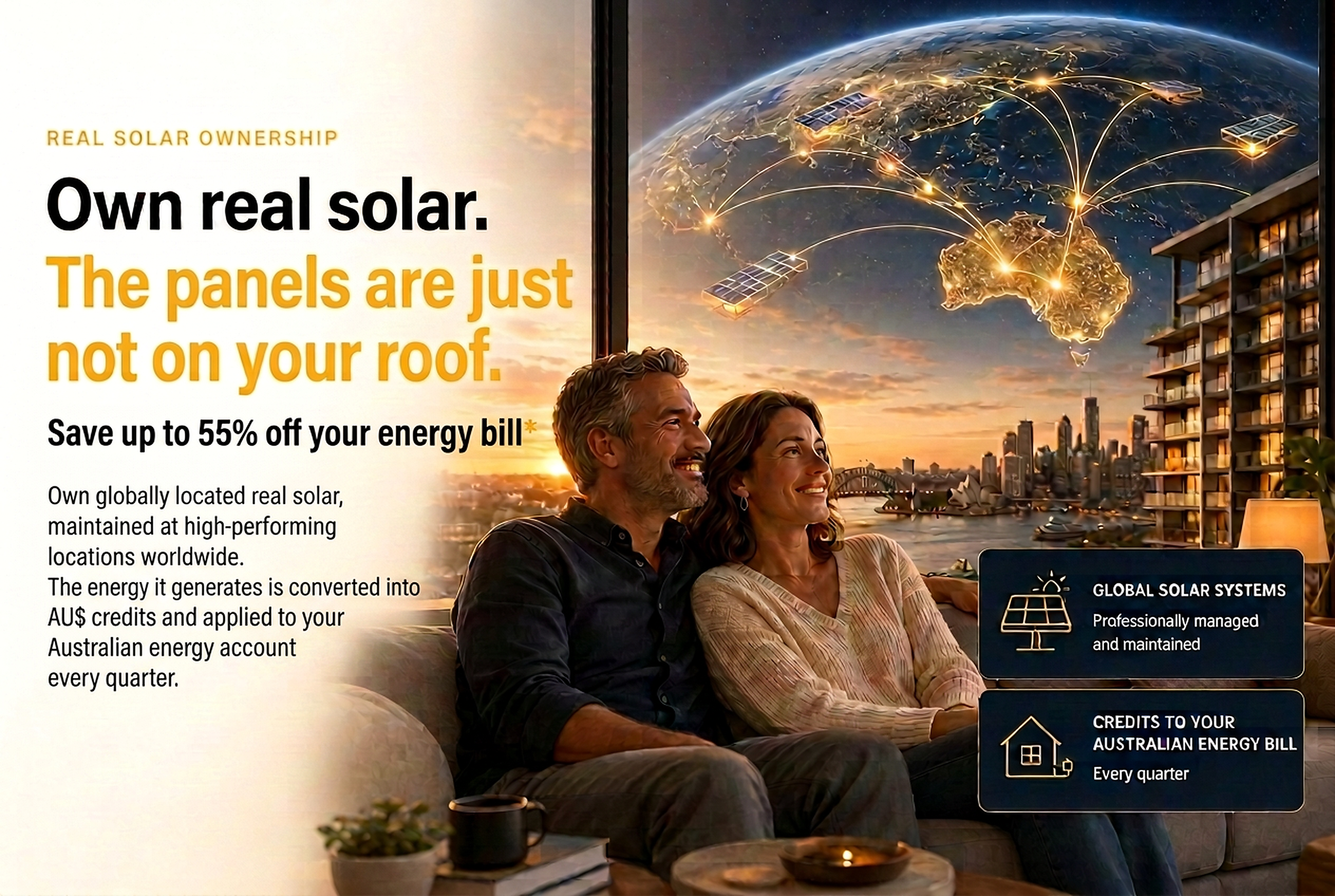 A couple on a sofa at sunset with a city skyline, solar panels and a glowing globe showing networked solar energy