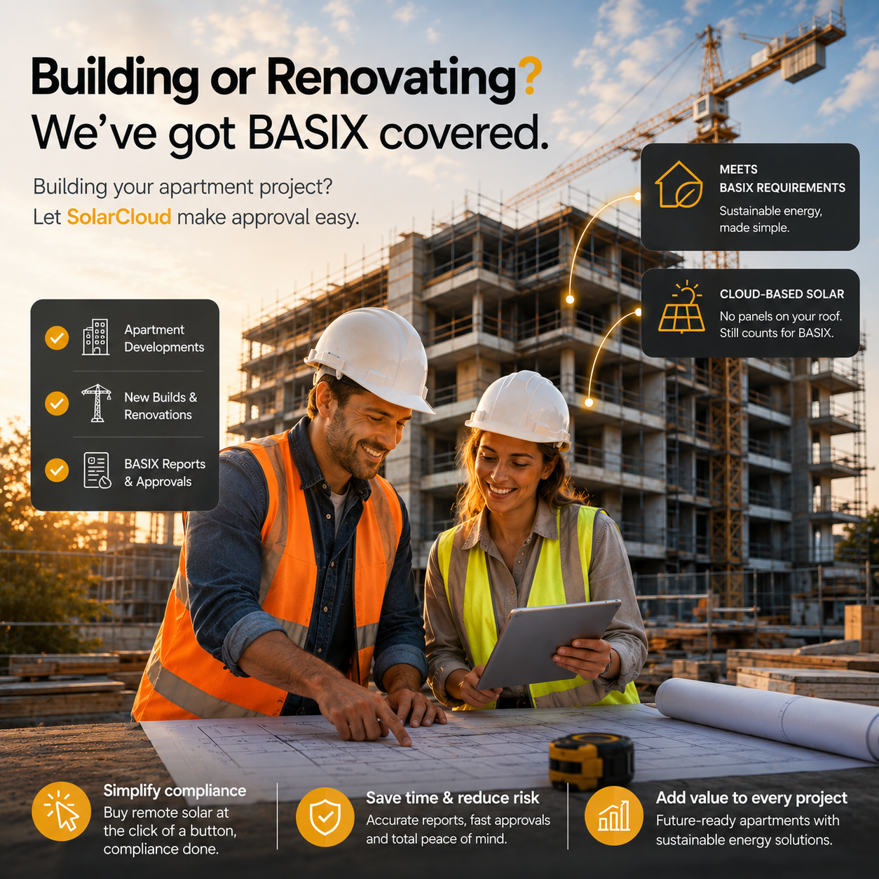 Building or renovating an apartment project? SolarCloud has BASIX covered for apartment developments, new builds and renovations.