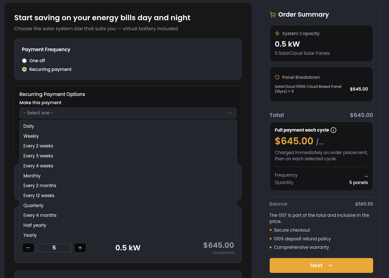 SolarCloud buy-more screen showing one-off and recurring payment options