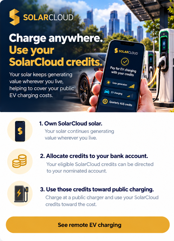 Charge anywhere. Use your SolarCloud credits. 1. Own SolarCloud solar. 2. Allocate credits to your bank account. 3. Use those credits toward public charging.
