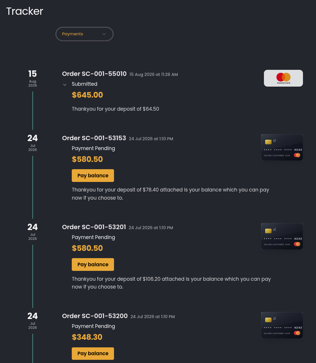 SolarCloud orders and payments tracker showing submitted and pending purchases