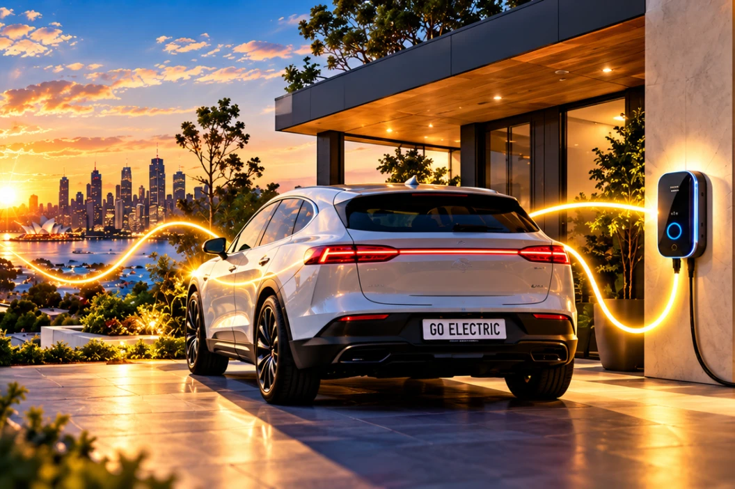 A white electric SUV charging at a modern home at sunset, with Sydney Harbour in the background.
