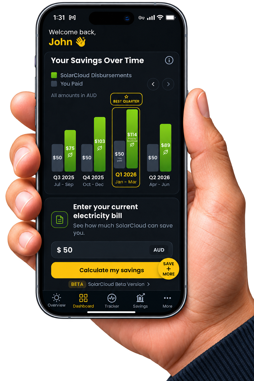 SolarCloud mobile app showing savings over time and bill calculator on an iPhone