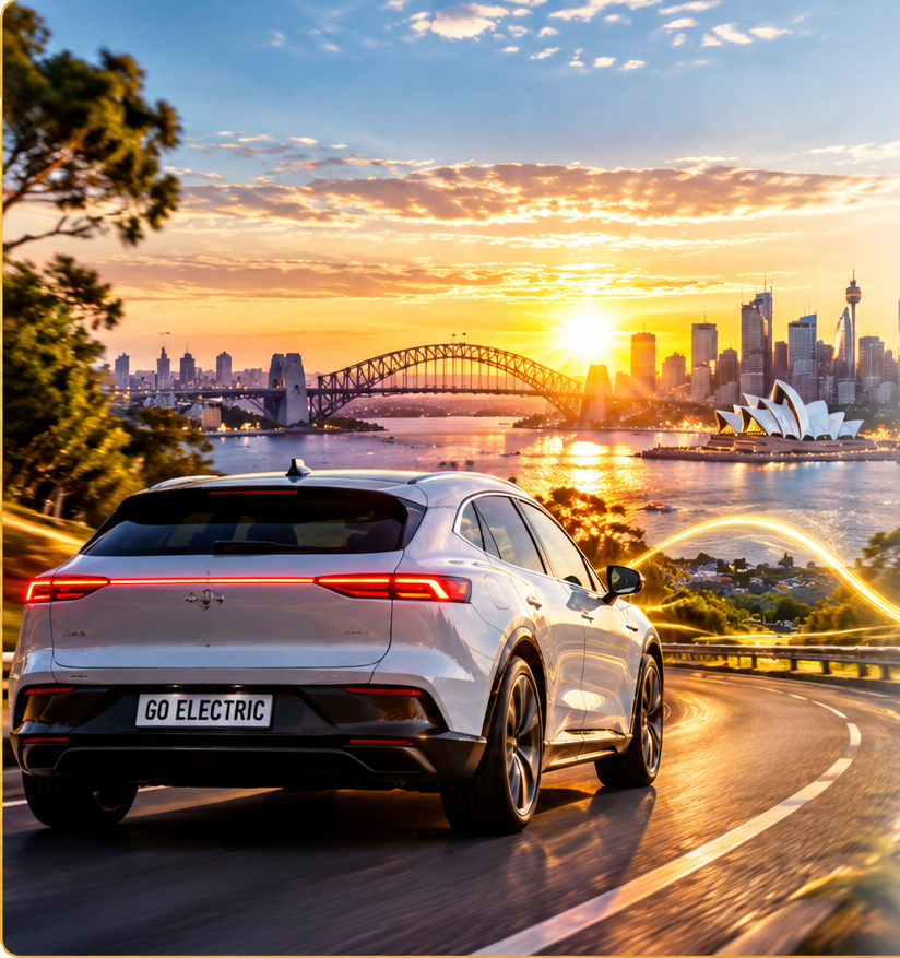 A white electric car driving along a coastal road with the Sydney skyline at sunset