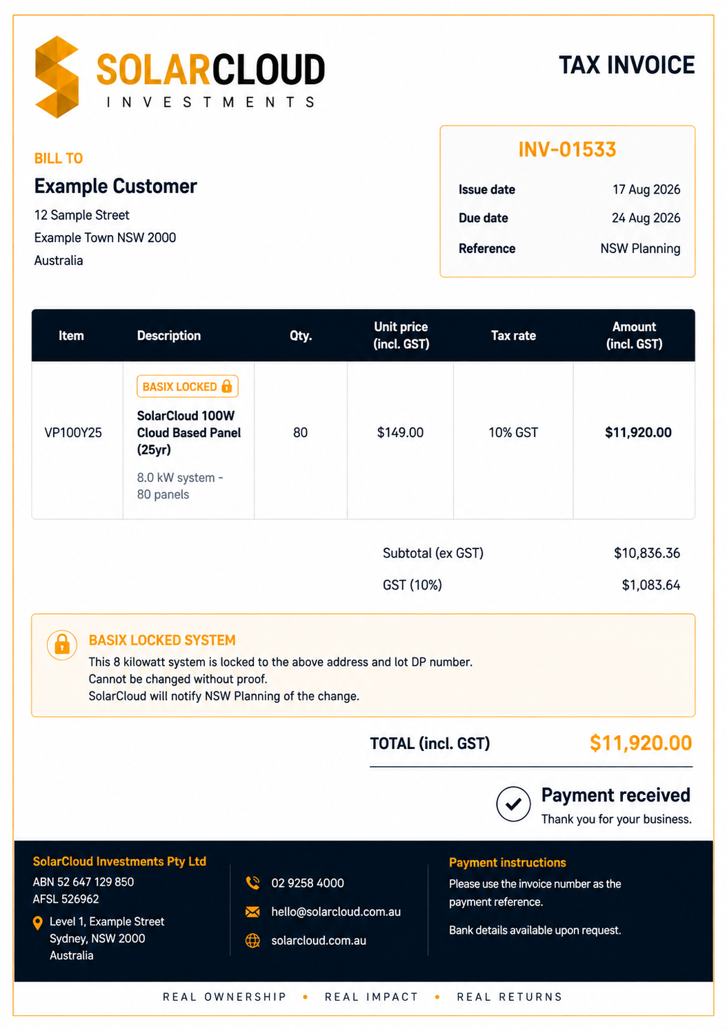SolarCloud sample tax invoice showing proof of purchase for BASIX compliance.