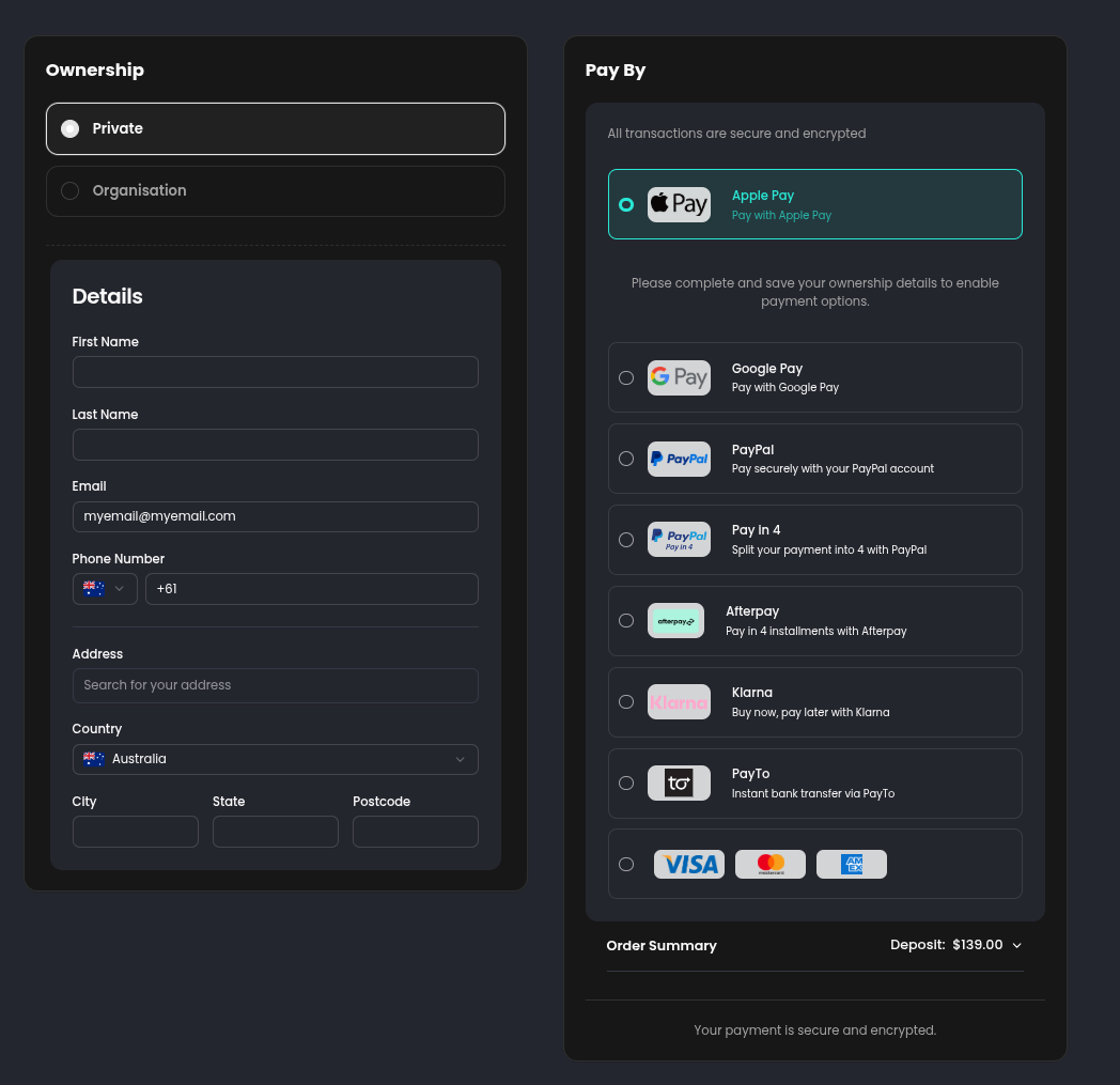 SolarCloud ownership and payment details screen with Apple Pay, Google Pay, PayPal and card options