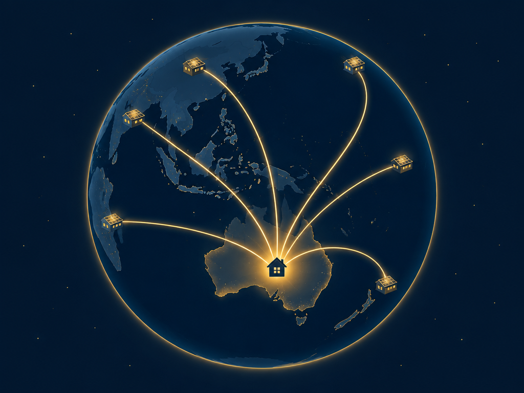 Globe showing commercial rooftop solar sites with beams of energy travelling back to Australia