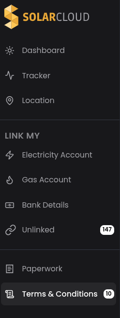 SolarCloud dashboard menu showing Dashboard, Tracker, Location, Link My, Paperwork and Terms & Conditions options
