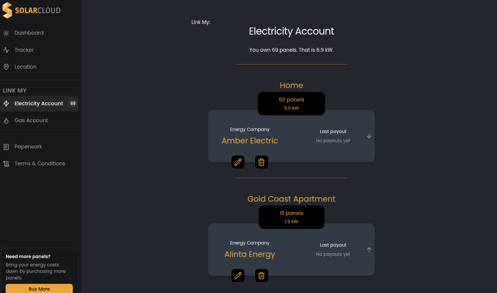 Multiple linked accounts including Home and Gold Coast Apartment