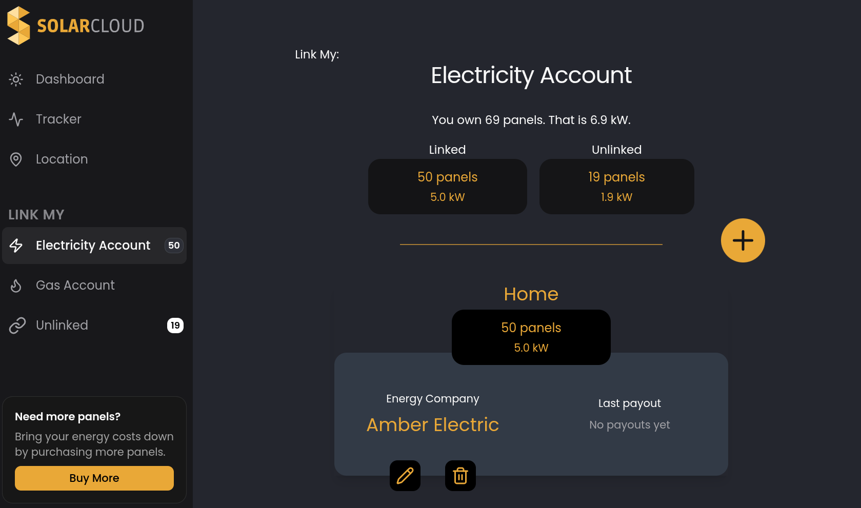 Completed linked electricity account showing Home with 50 panels linked to Amber Electric