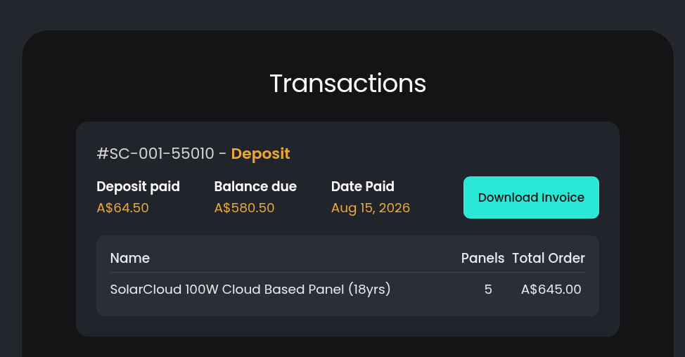 SolarCloud transactions screen showing deposit, balance due, and invoice download