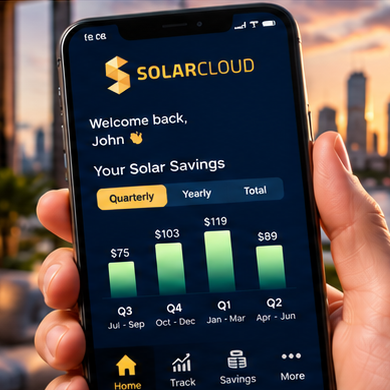 A hand holding a phone showing the SolarCloud app's quarterly savings