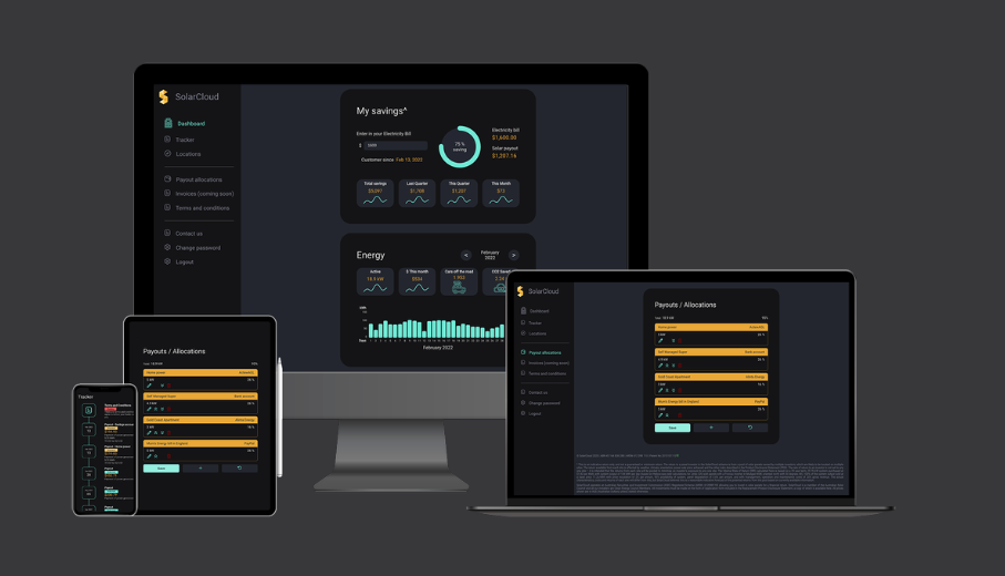 SolarCloud dashboard shown on desktop, laptop, tablet and mobile with live savings and payout data