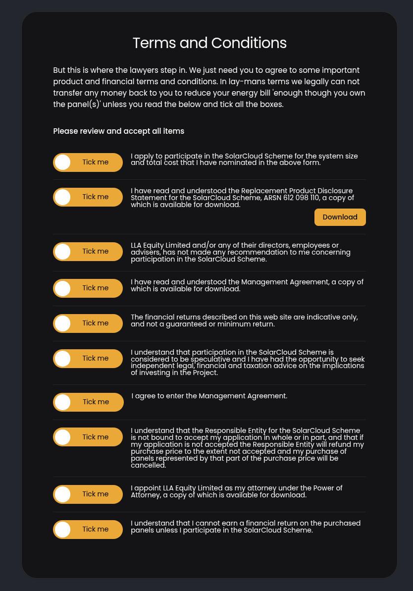 SolarCloud terms and conditions of scheme acceptance screen