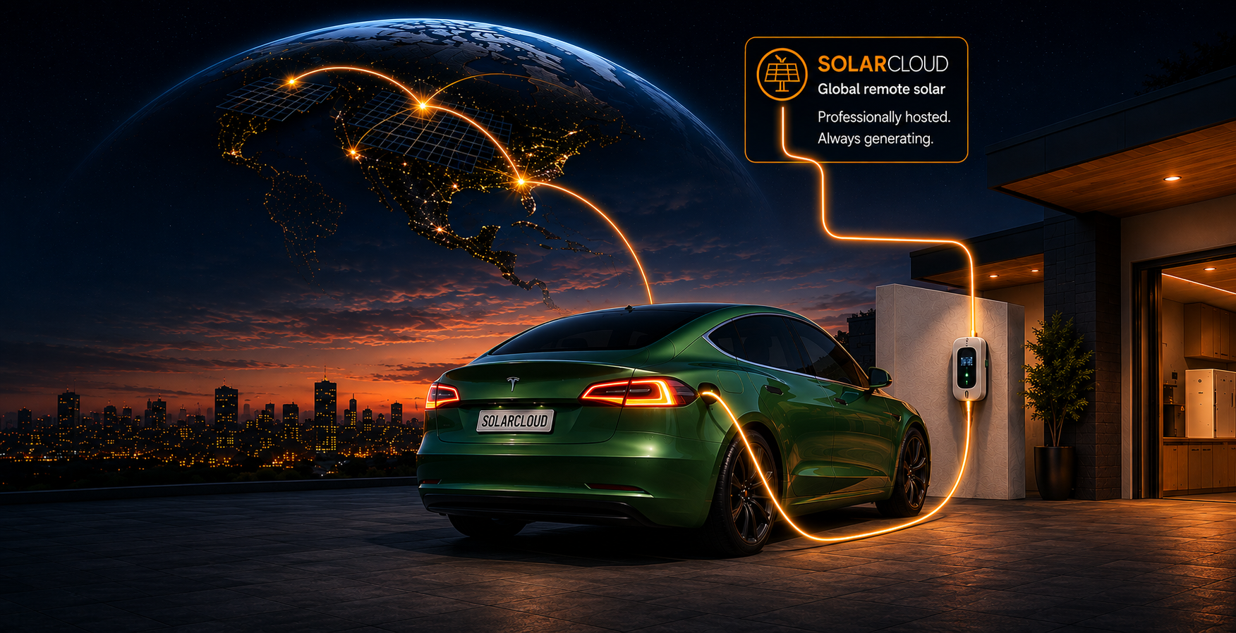 Green Tesla charging at a modern home connected to SolarCloud's global remote solar network.