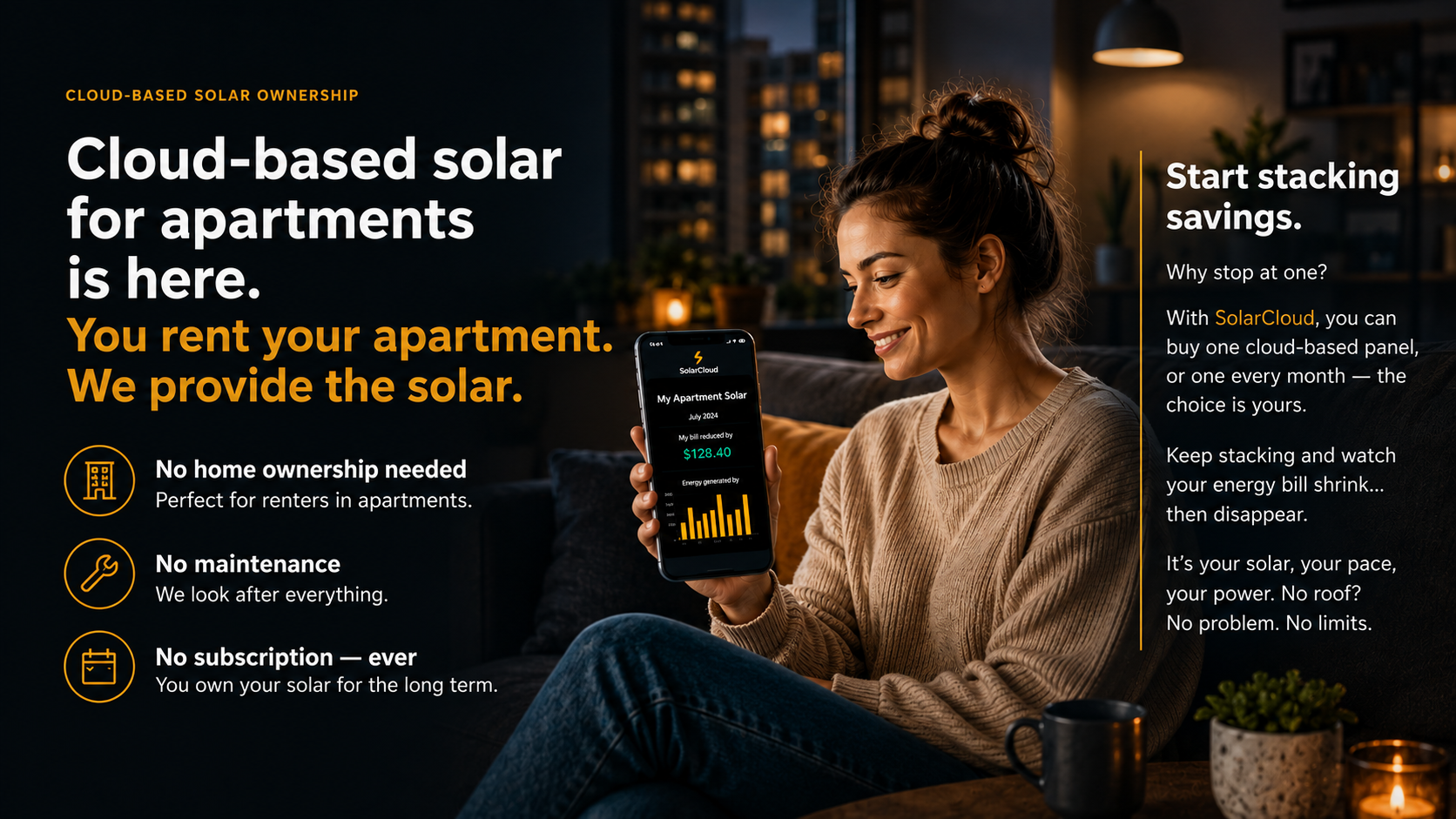 Cloud-based solar for apartments is here - you rent your apartment, we provide the solar