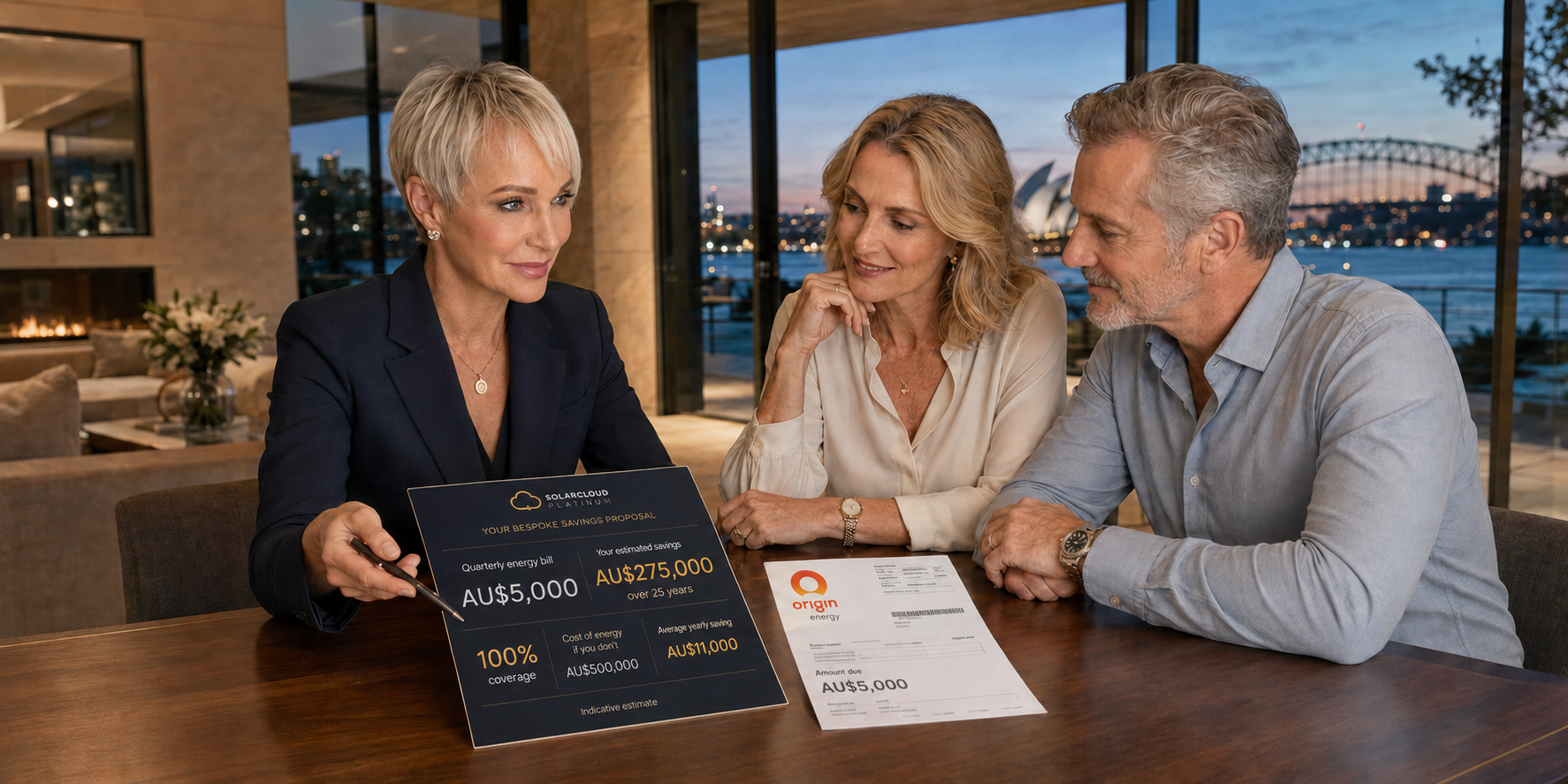 SolarCloud Platinum concierge presenting a bespoke savings proposal to clients in a Sydney waterfront home.
