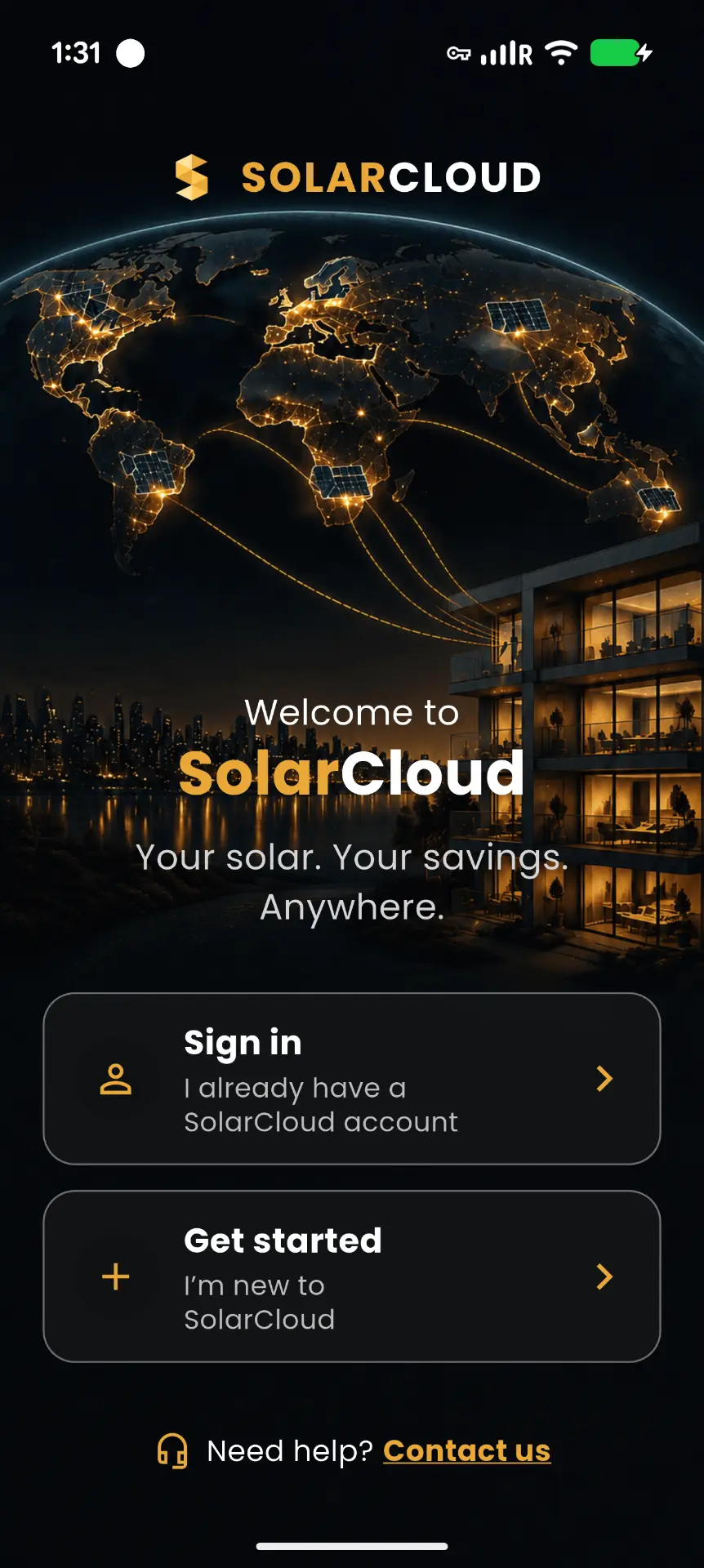 SolarCloud app welcome screen with sign in and get started options