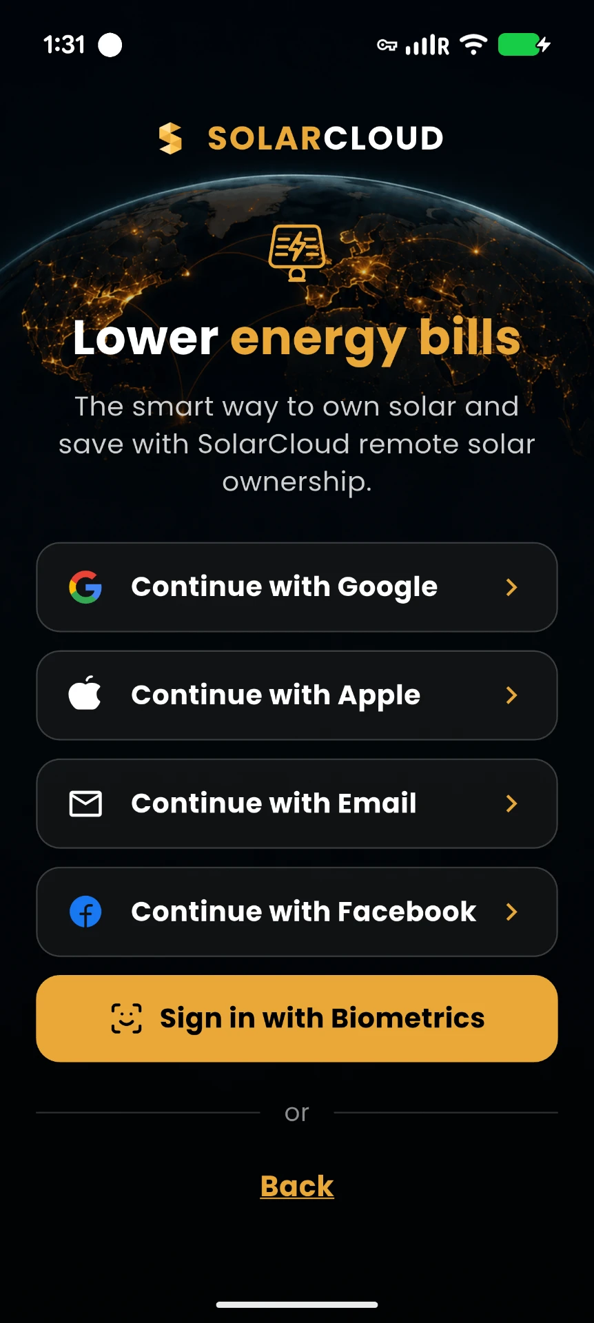 SolarCloud app sign-in screen with Google, Apple, email and biometrics