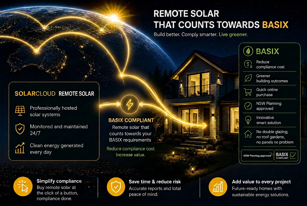 Remote solar that counts towards BASIX: SolarCloud remote solar for homes, reducing compliance cost and supporting greener building outcomes.