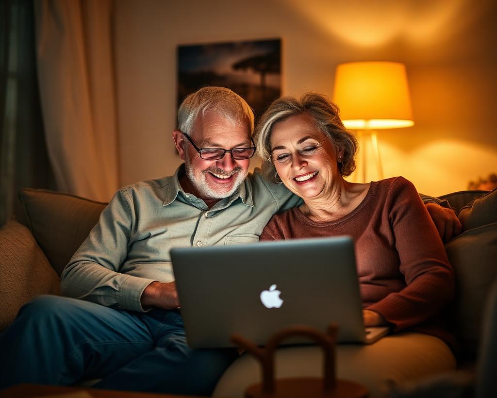Couple reviewing their energy savings on a laptop at home