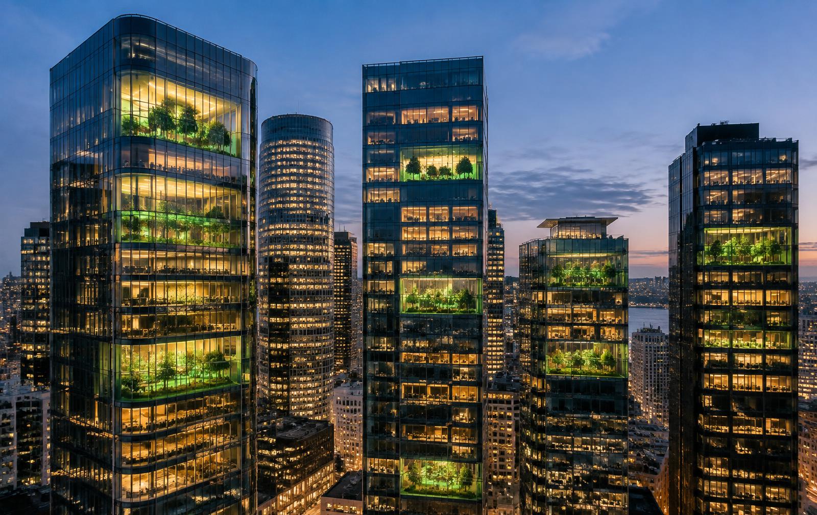 Several city office buildings with green, planted floors glowing across the skyline