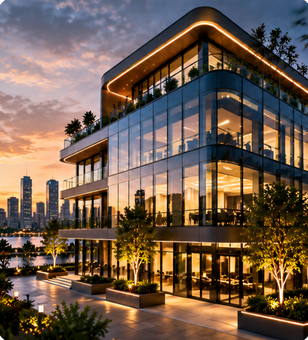 A modern multi-storey glass building with illuminated balconies and a rooftop terrace at dusk