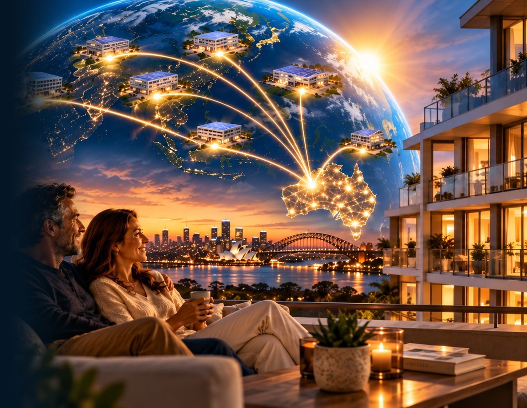 A couple relaxing on a balcony overlooking Sydney at sunset, with SolarCloud solar hosted around the globe beaming value back to Australia