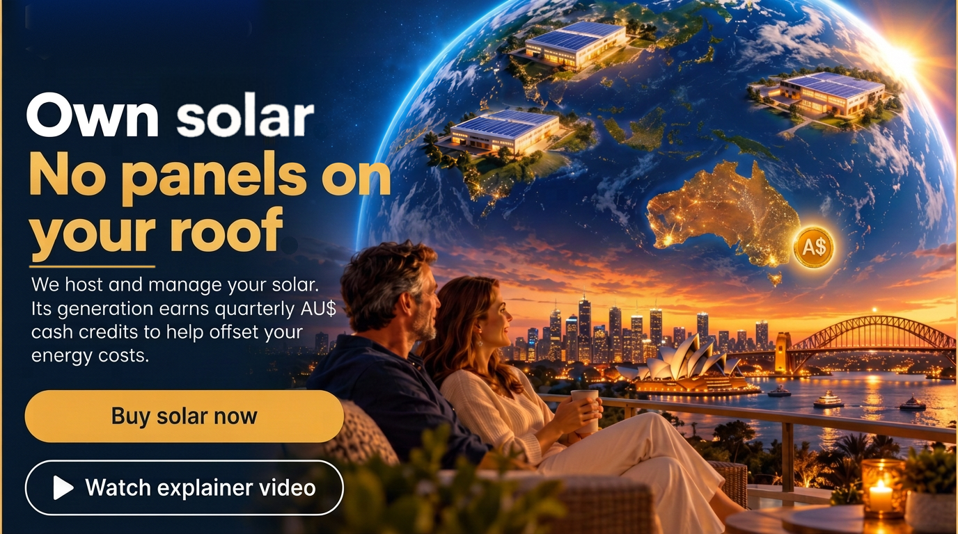 Own solar — No panels on your roof — We host and manage your solar — its generation earns quarterly AU$ cash credits to help offset your energy costs.