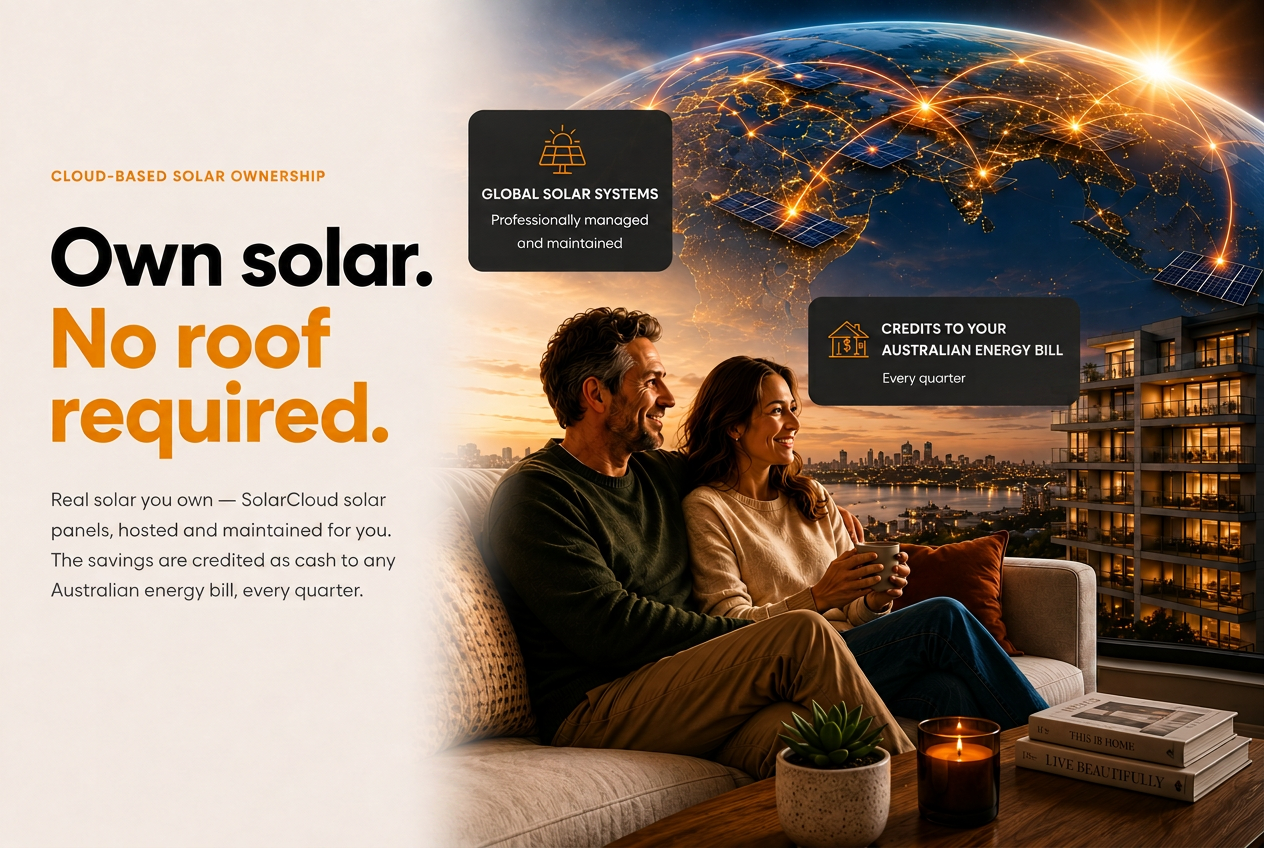 Own solar. No roof required. Real solar you own — SolarCloud panels hosted and maintained, with credits to your Australian energy bill every quarter