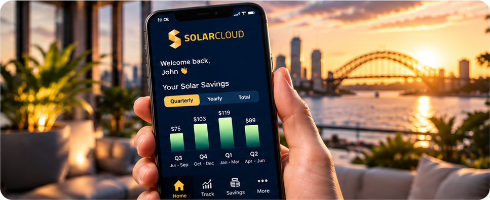 A hand holding a phone showing the SolarCloud app's quarterly savings, with Sydney Harbour at sunset behind