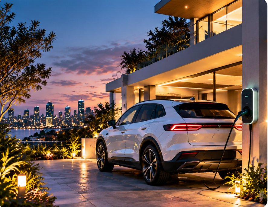 A white electric car plugged into a wall charger in the driveway of a modern home at dusk, city skyline behind
