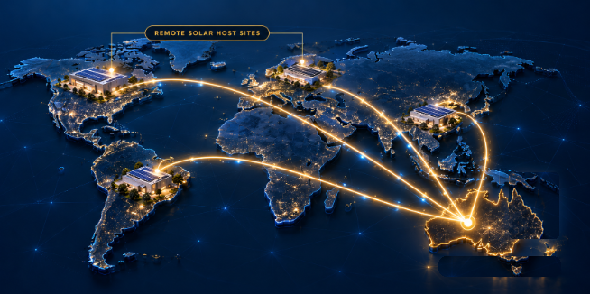 A night-view world map on a deep blue background showing solar-powered commercial rooftops on four continents linked by golden trails to Australia