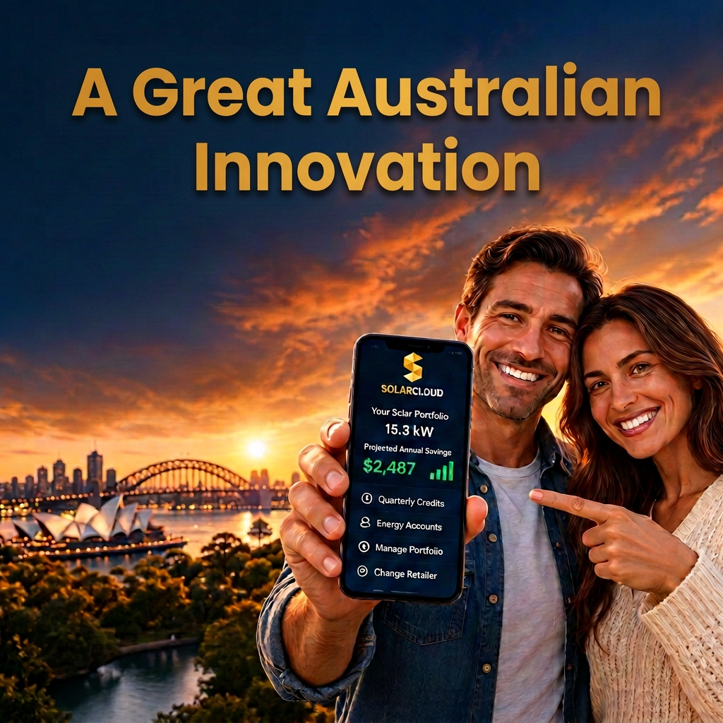 Couple holding a phone showing the SolarCloud app with their solar portfolio, quarterly credits and account options