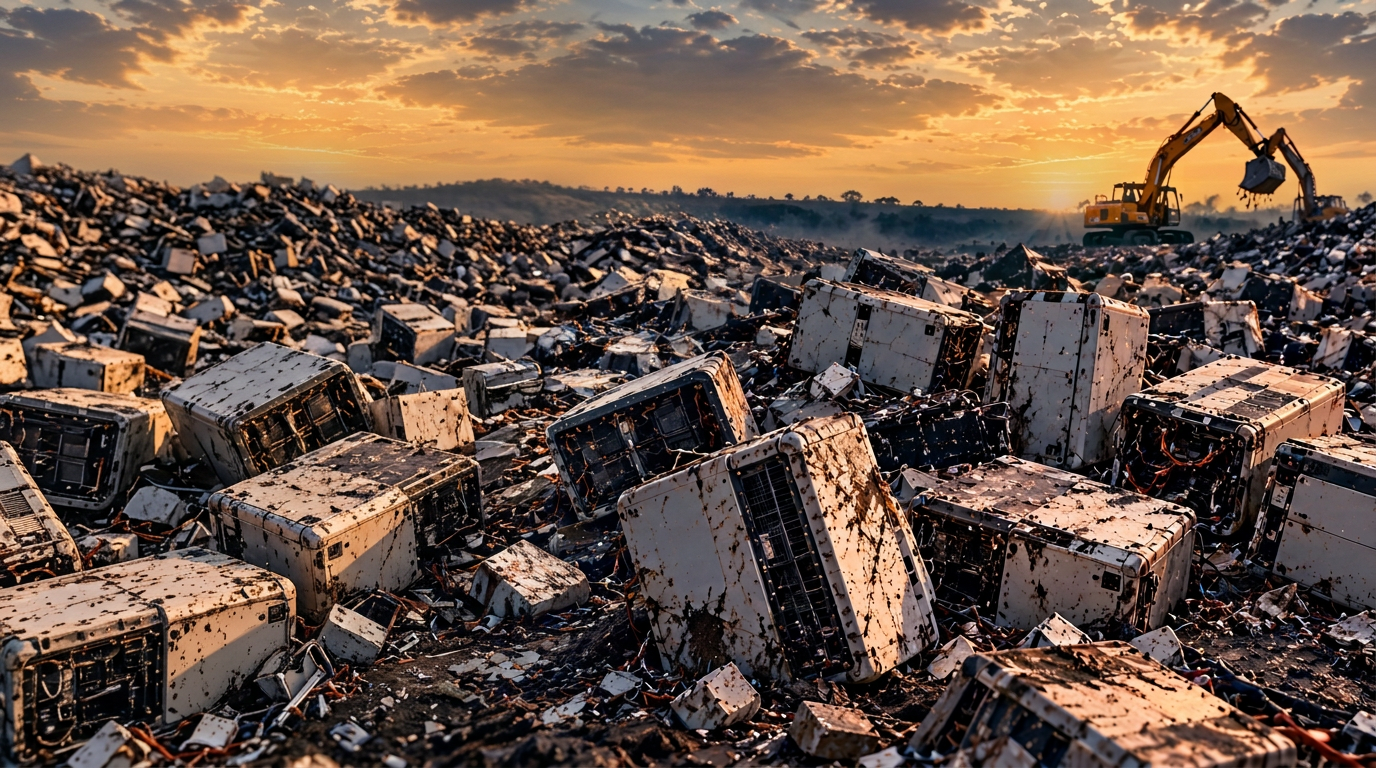 Discarded home batteries piled up at a waste site with an excavator